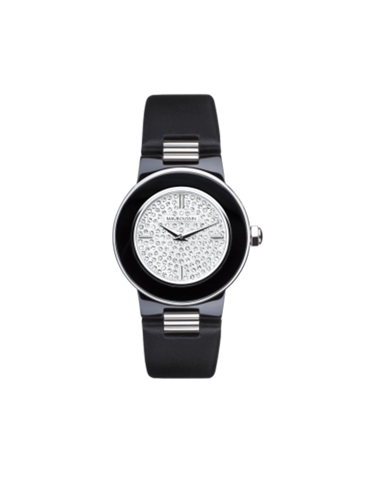 Mauboussin Montre Amour La Nuit acier avec cadran diamants et bracelet cuir noir et boucle déployante référence 9242102-9000