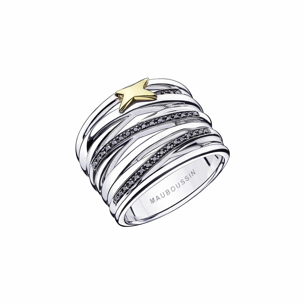 Mauboussin Bague Kiff And Kiss Argent 925 et etoile Or Jaune 18 carats Diamants noirs reference RI0697SYGBD